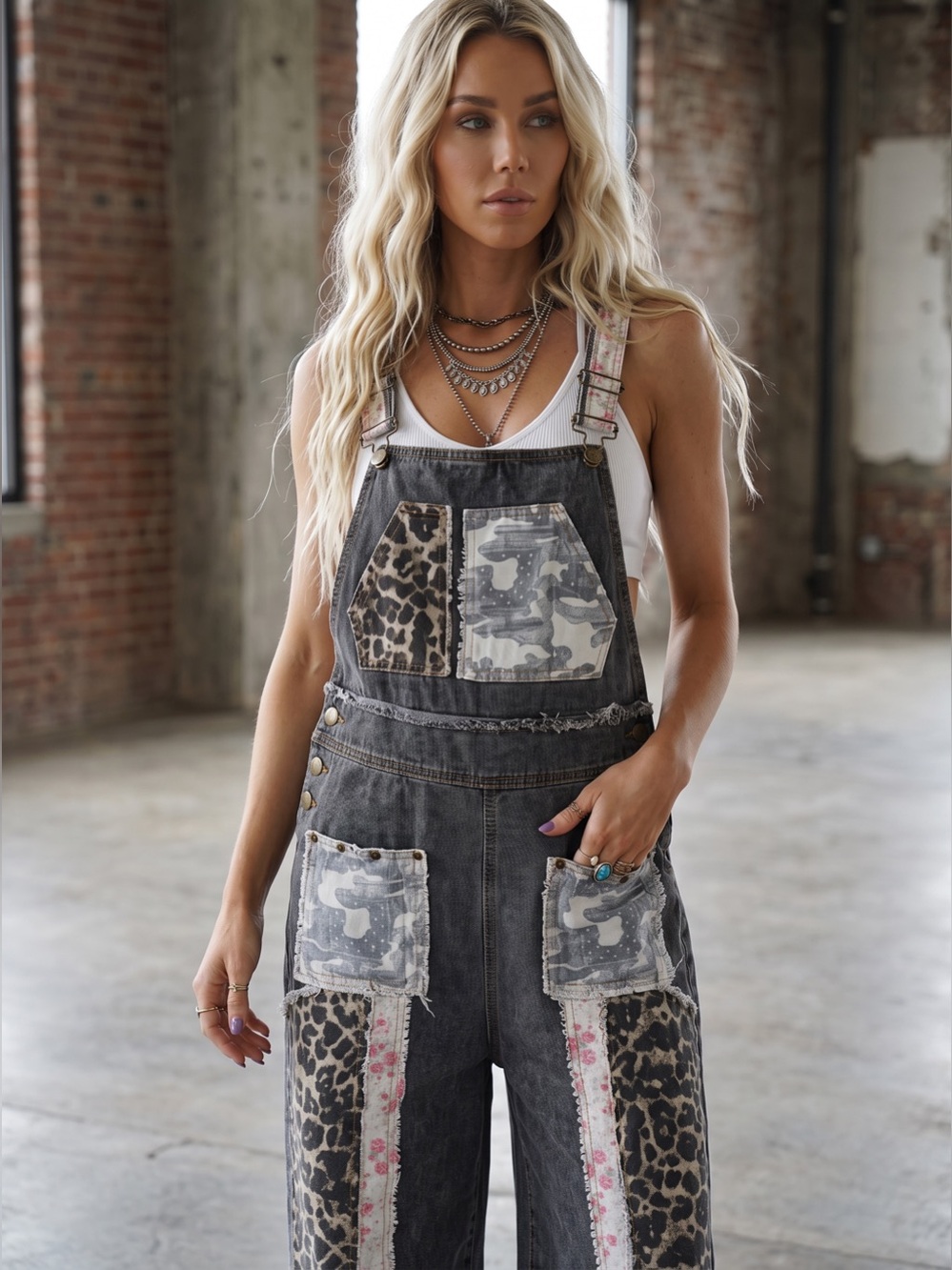 POL Patchwork Leopard Print Floral Camo Patch Boho Overalls - Picture 4 of 12